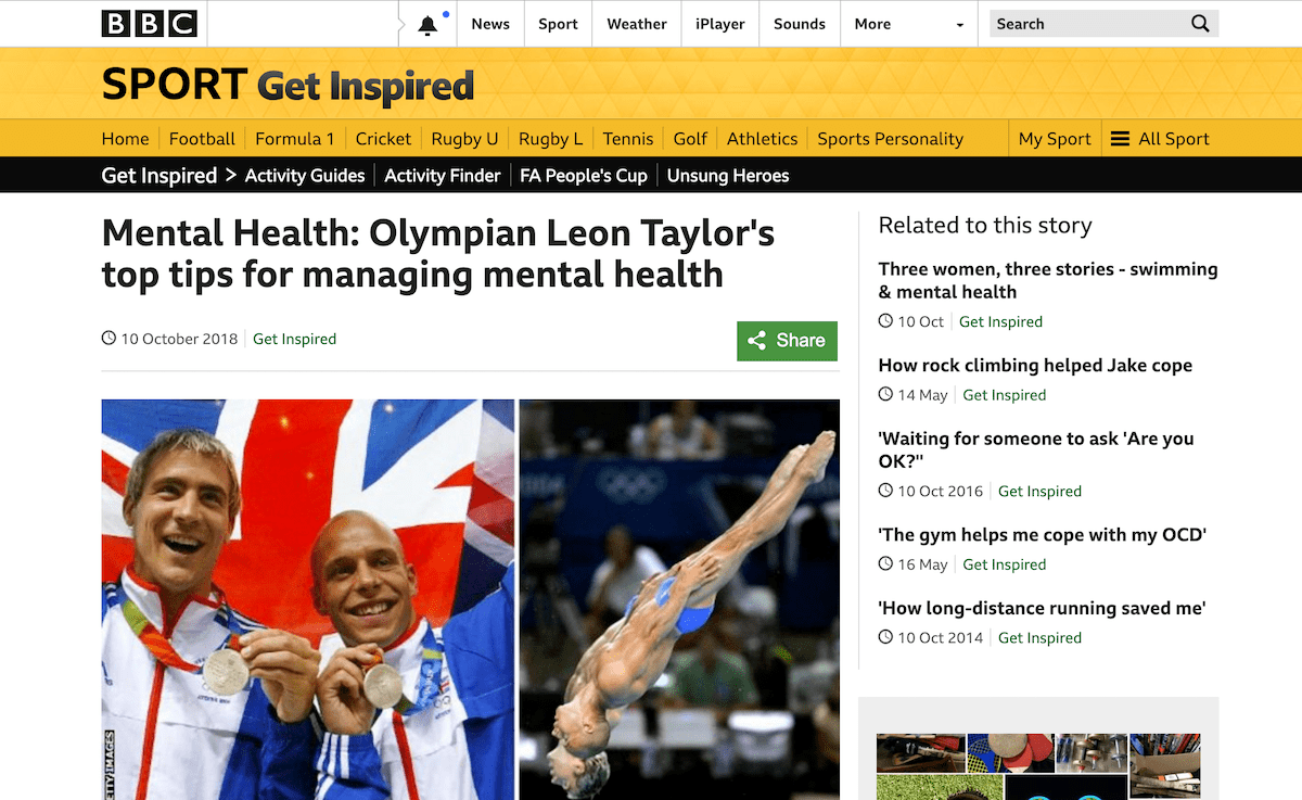 BBC mental wellness featuring Leon Taylor